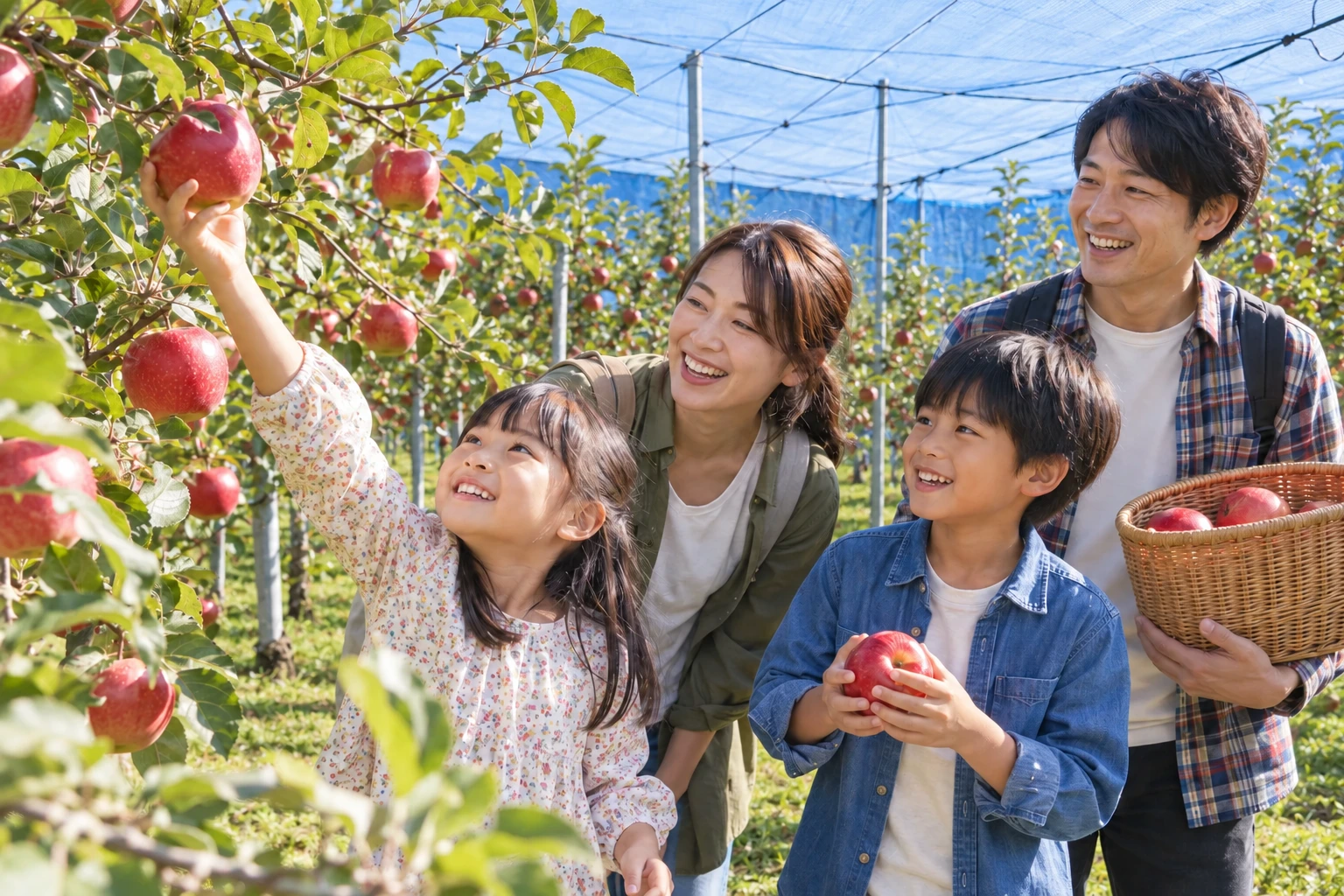 親子でりんごを収穫するイメージ
