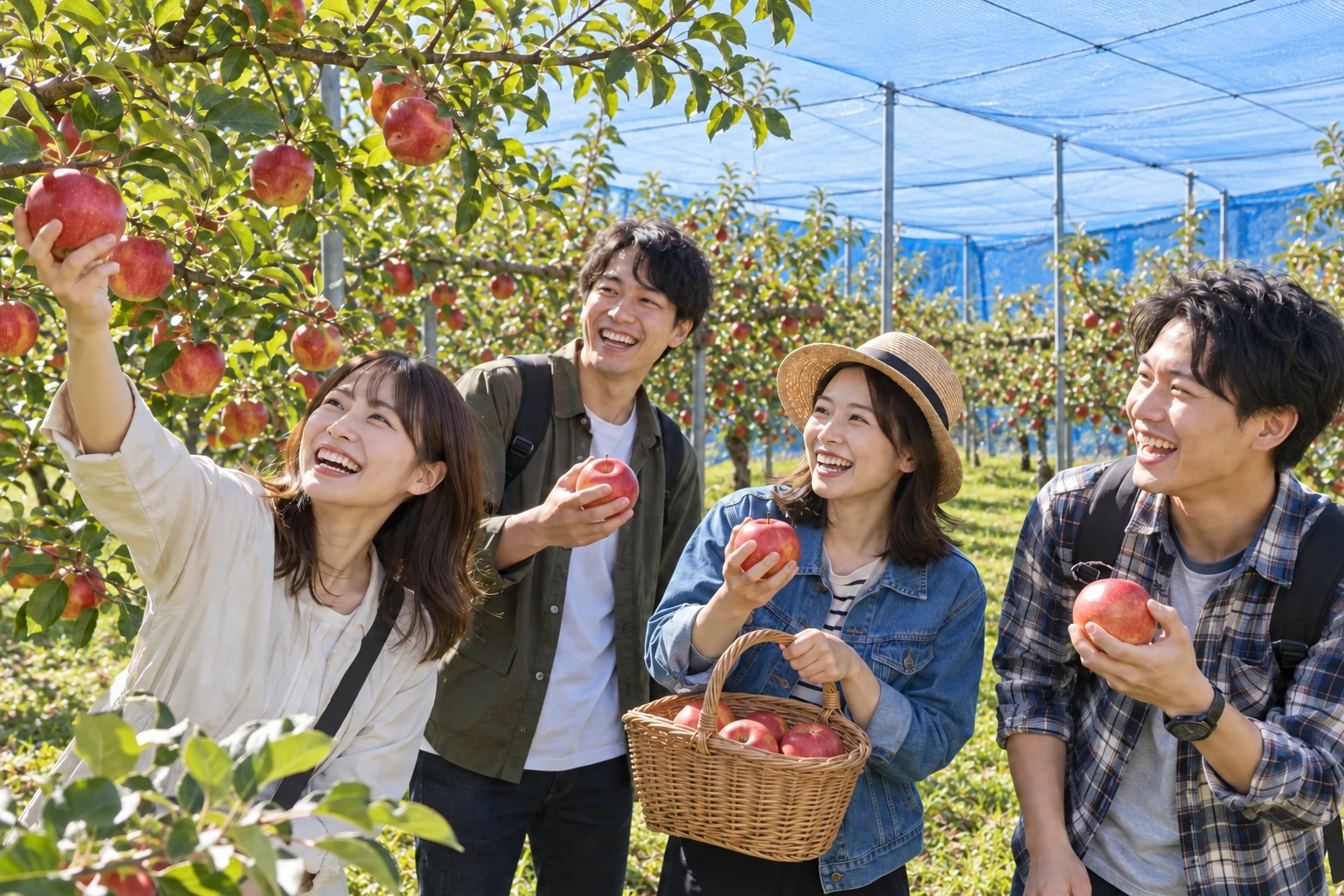 仲の良い友人4人でりんご狩りを楽しむイメージ